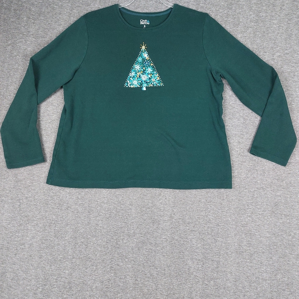 CROFT & BARROW WOMENS GREEN EMBELLISHED PAINTED CHRISTMAS TREE LONG SLEEVE T XL